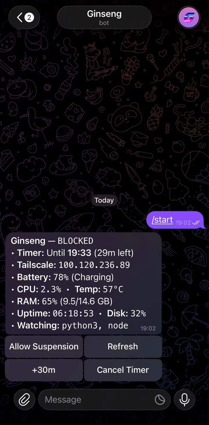 The Telegram bot: status and controls.