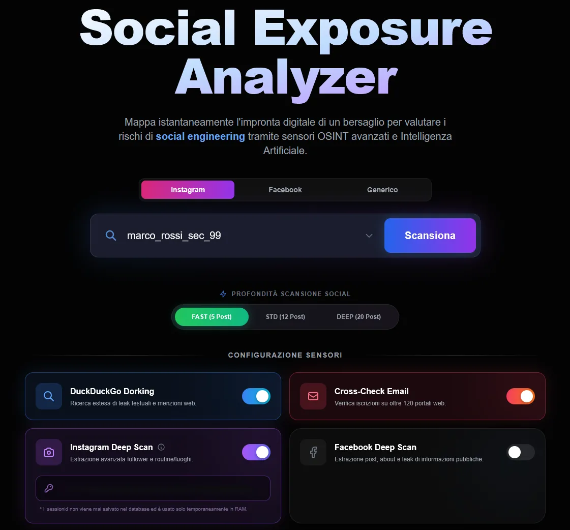 Start a scan: a username or a profile, and which sensors to use.